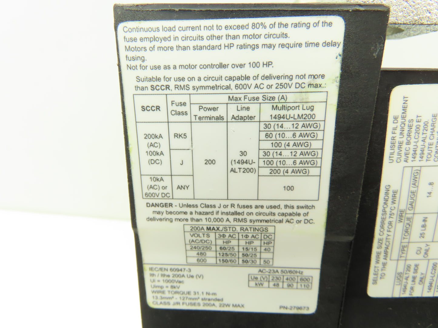 Allen Bradley 1494U-D200 Disconnect Switch 50Hp 600VAC 200A Ser A