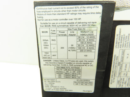 Allen Bradley 1494U-D200 Disconnect Switch 50Hp 600VAC 200A Ser A