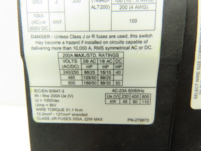 Allen Bradley 1494U-D200 Disconnect Switch 50Hp 600VAC 200A Ser A