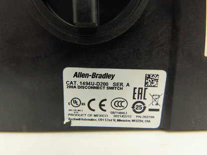 Allen Bradley 1494U-D200 Disconnect Switch 50Hp 600VAC 200A Ser A