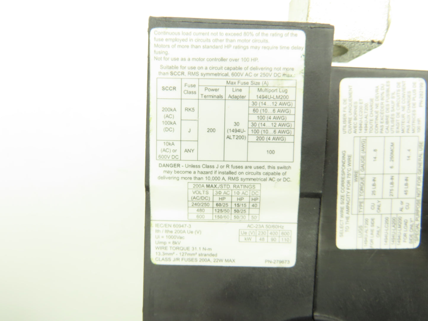 Allen Bradley 1494U-D200 Disconnect Switch 50Hp 600VAC 200A Ser A