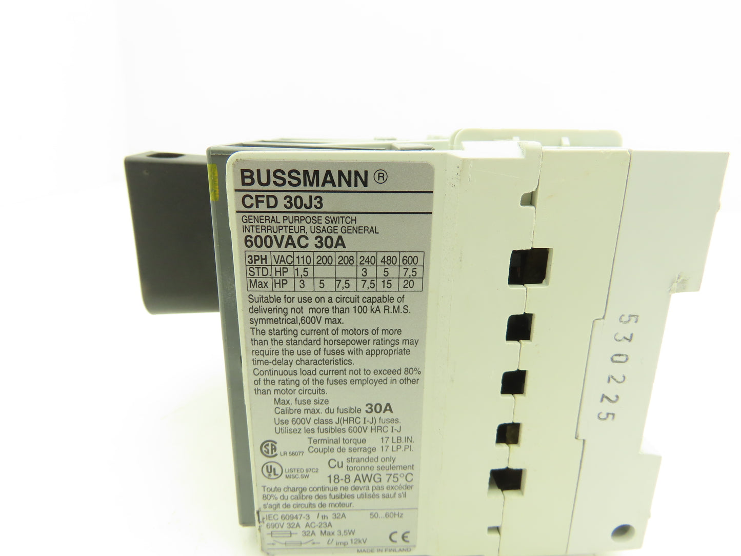 Bussmann CFD 30J3 Fusible Disconnect Switch 3 Pole 30 Amp 600V HRC Type