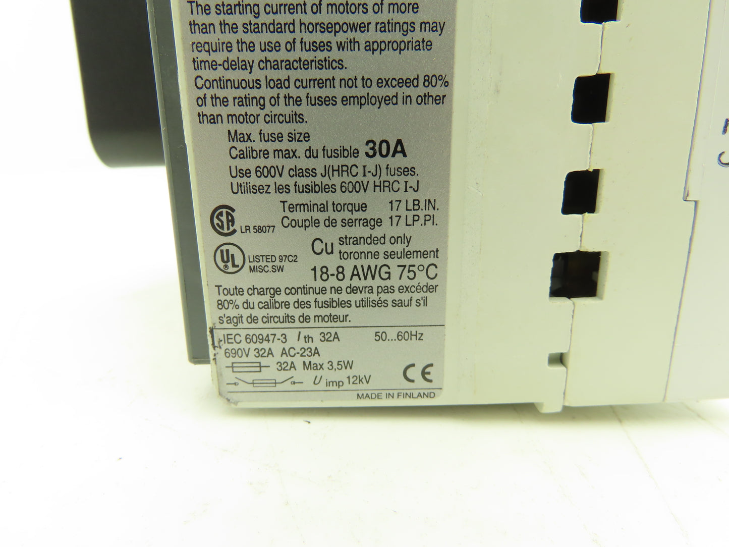 Bussmann CFD 30J3 Fusible Disconnect Switch 3 Pole 30 Amp 600V HRC Type