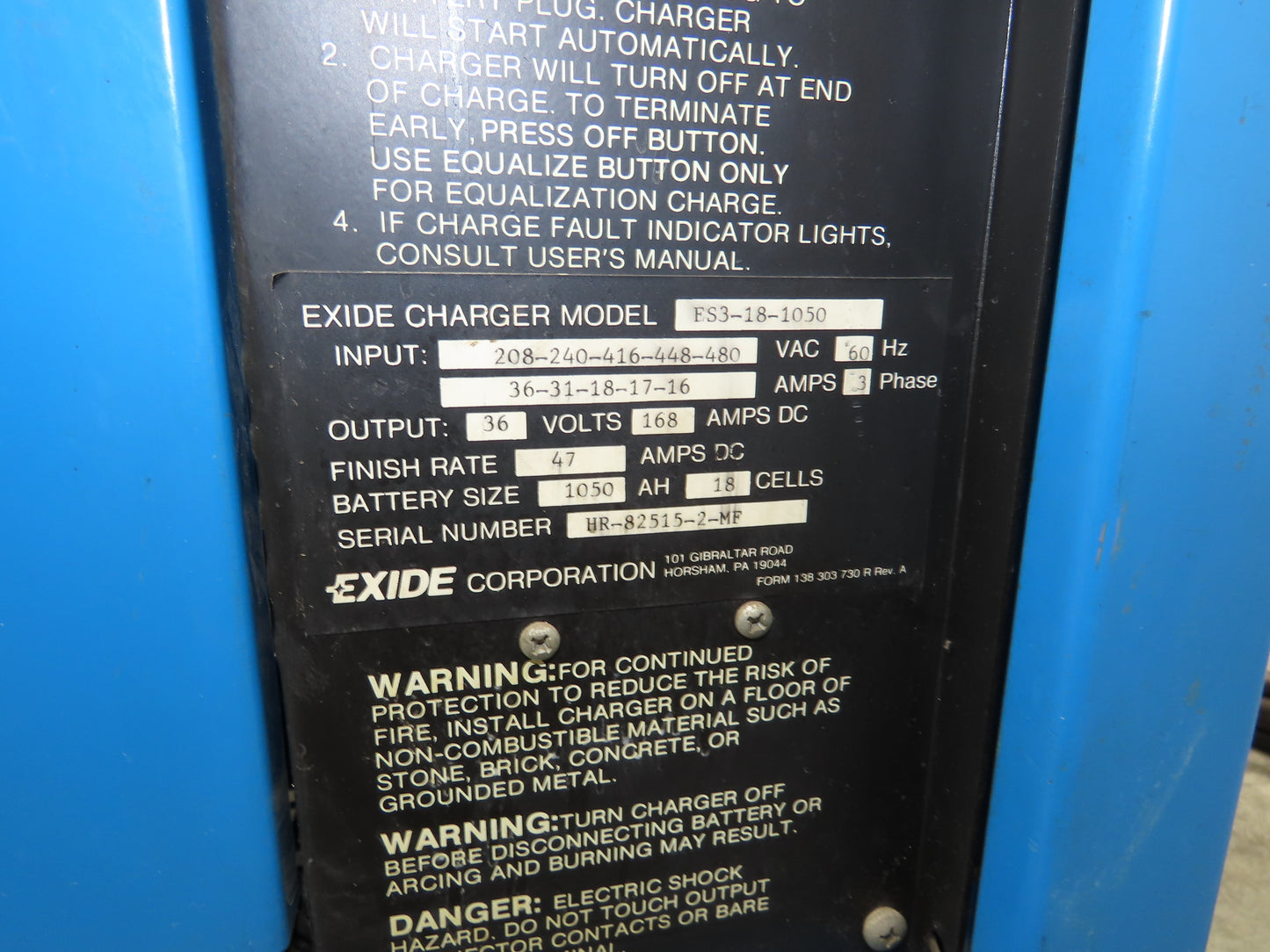 Exide System 3000 ES3-18-1050 Forklift Battery Charger 36VDC 1050Ah 480V 3Ph