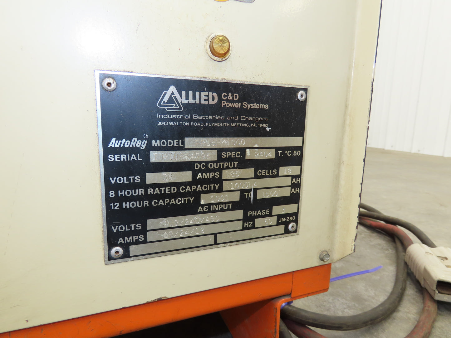 Allied FP18HK1000 AutoReg Forklift Battery Charger 36V 185A 1000-1500Ah 480V 3Ph