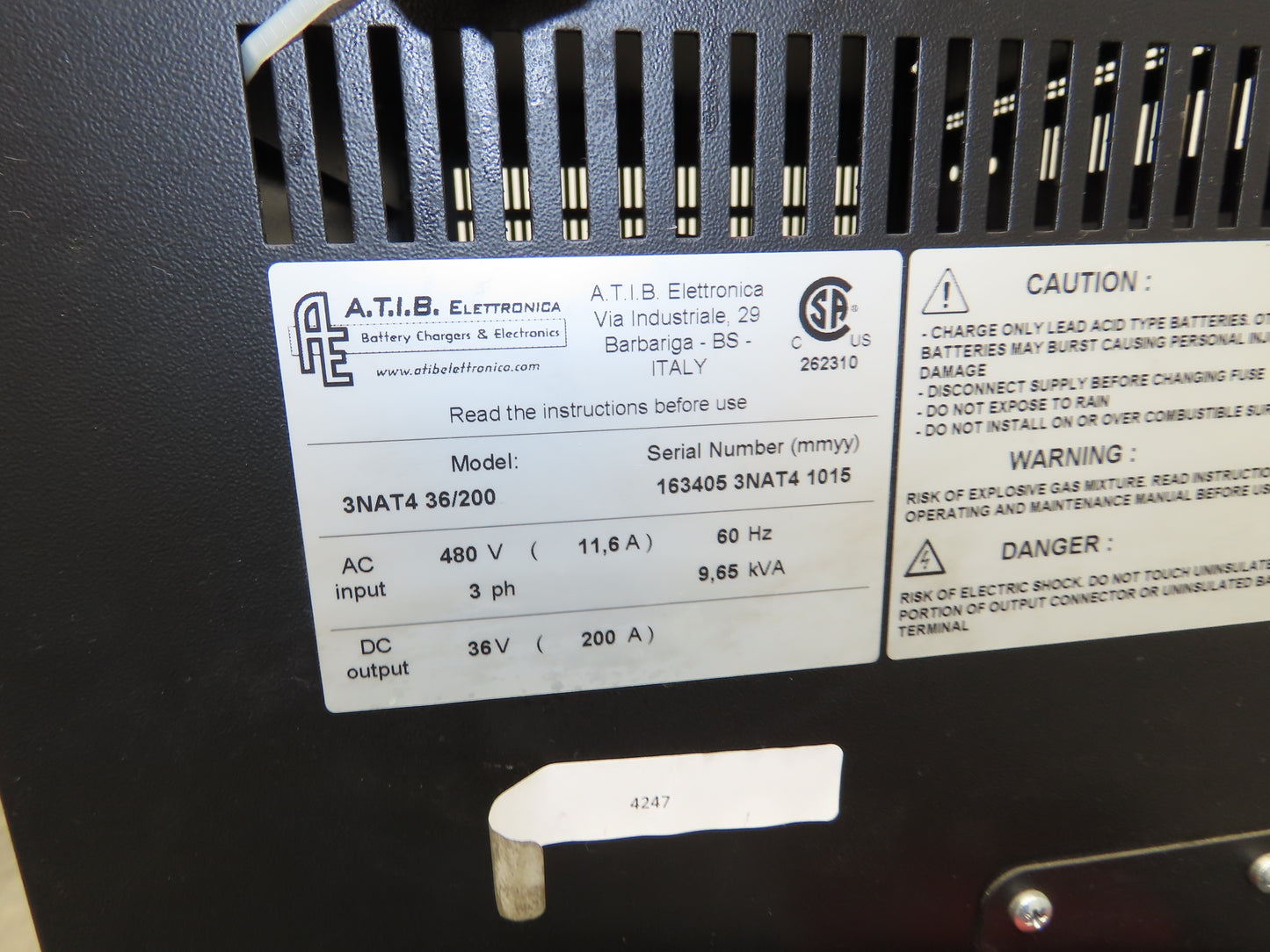 A.T.I.B. Elettronica Forklift Battery Charger 36V 200A 990-1432Ah 480VAC 3Ph