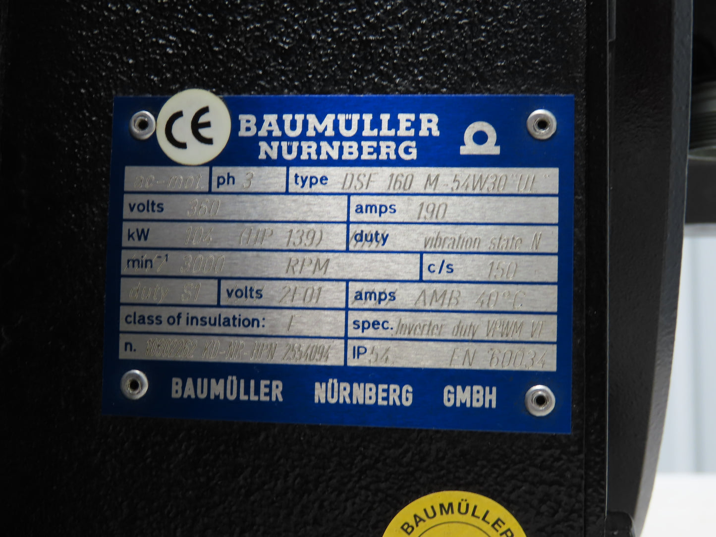 Baumuller DSF 160 M-54W30"UL" AC Motor 104kW 139Hp 3000RPM 360V 3PH 160M Encoder