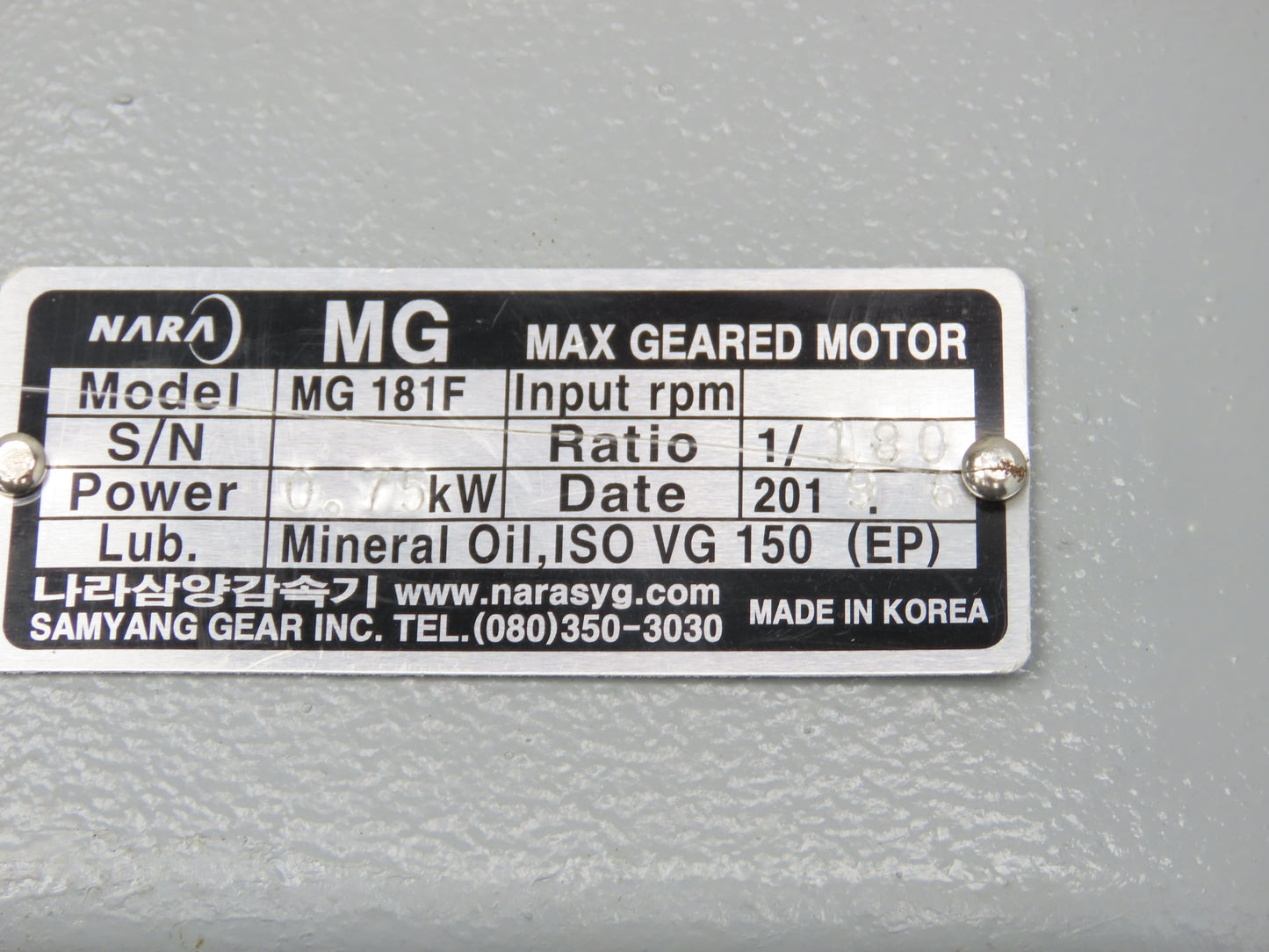 Nara MG 181F Gearmotor 180:1 Ratio 10rpm .75kw 480V 3PH Inline Parallel Shaft