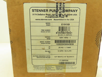 Stenner Model E10VXB Peristaltic Dosing Pump Adjustable 14 GPD 25 PSI 120V