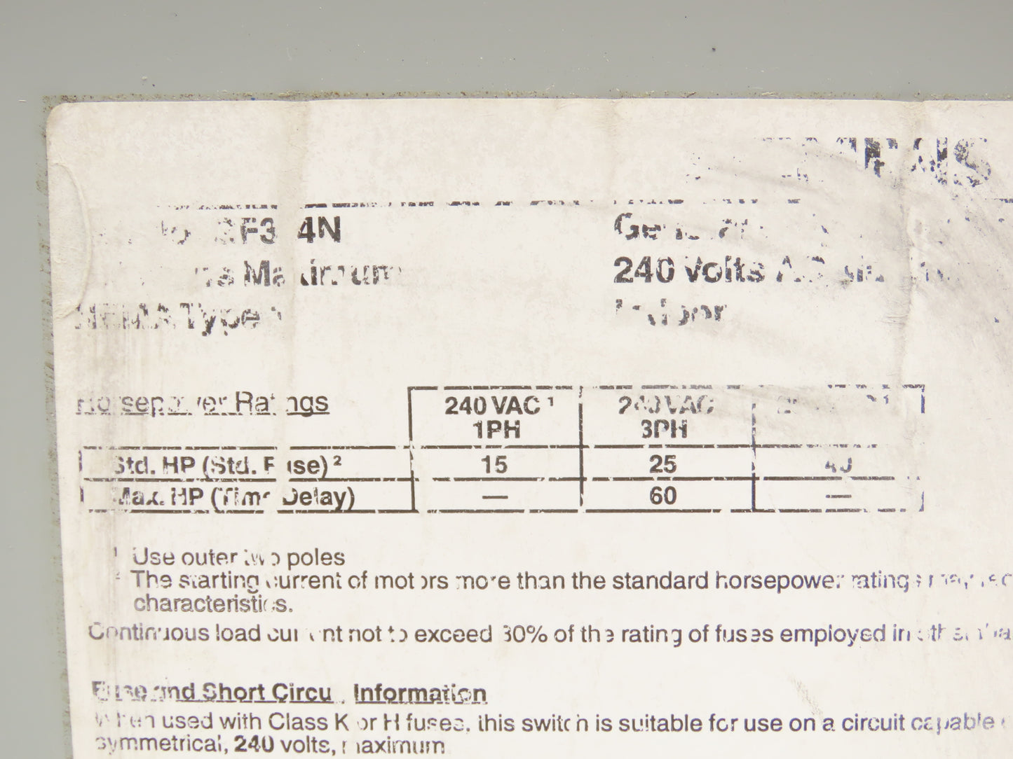 Siemens GF324N Safety Switch Disconnect Fused Stainless Steel 200A 240VAC 60HP