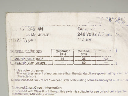 Siemens GF324N Safety Switch Disconnect Fused Stainless Steel 200A 240VAC 60HP