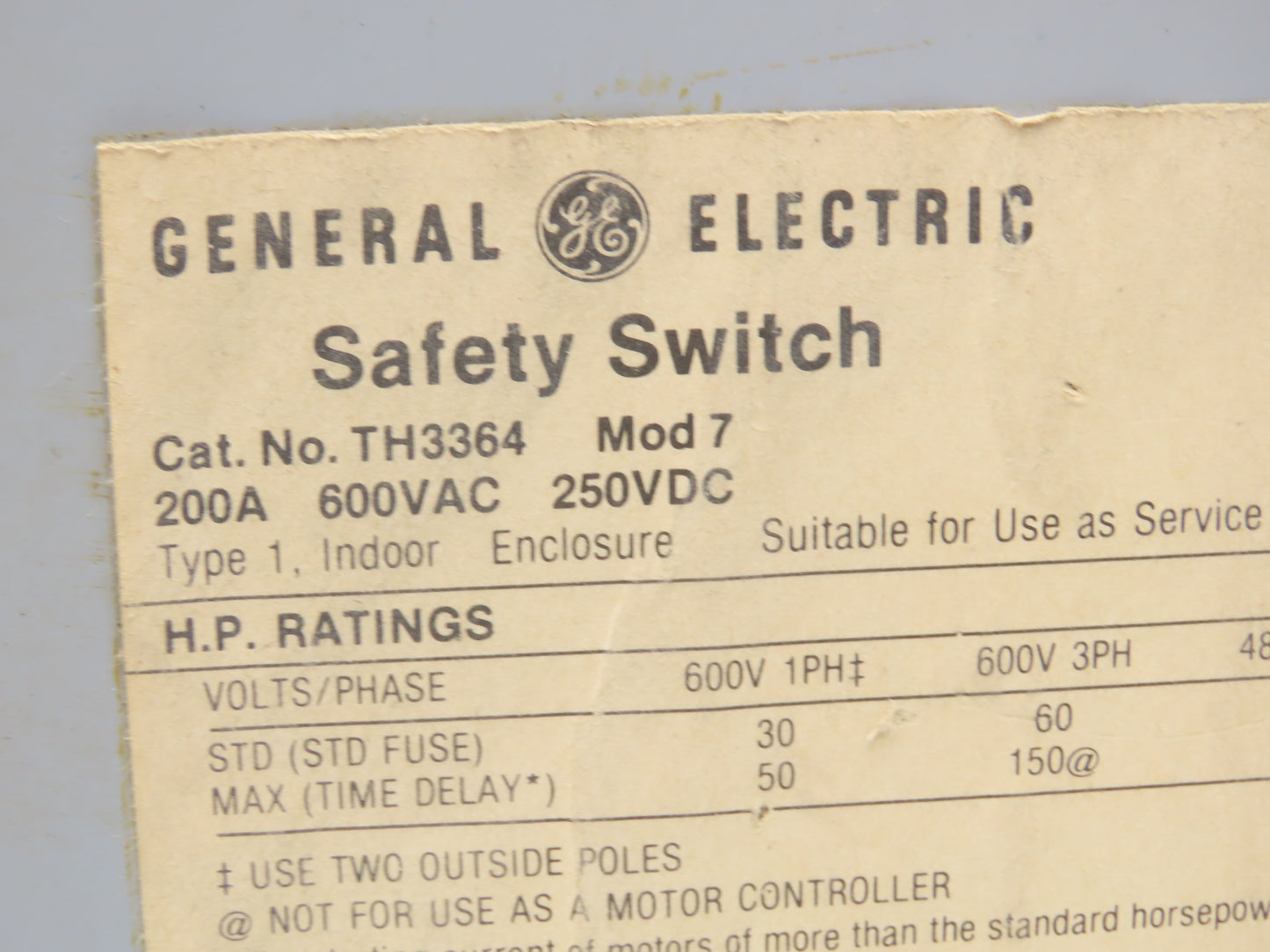 General Electric TH3364 Fusible Safety Disconnect Switch 200A 600V 3Ph 150Hp