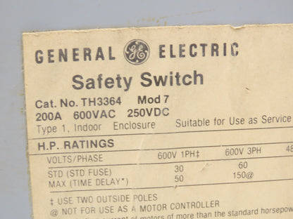 General Electric TH3364 Fusible Safety Disconnect Switch 200A 600V 3Ph 150Hp