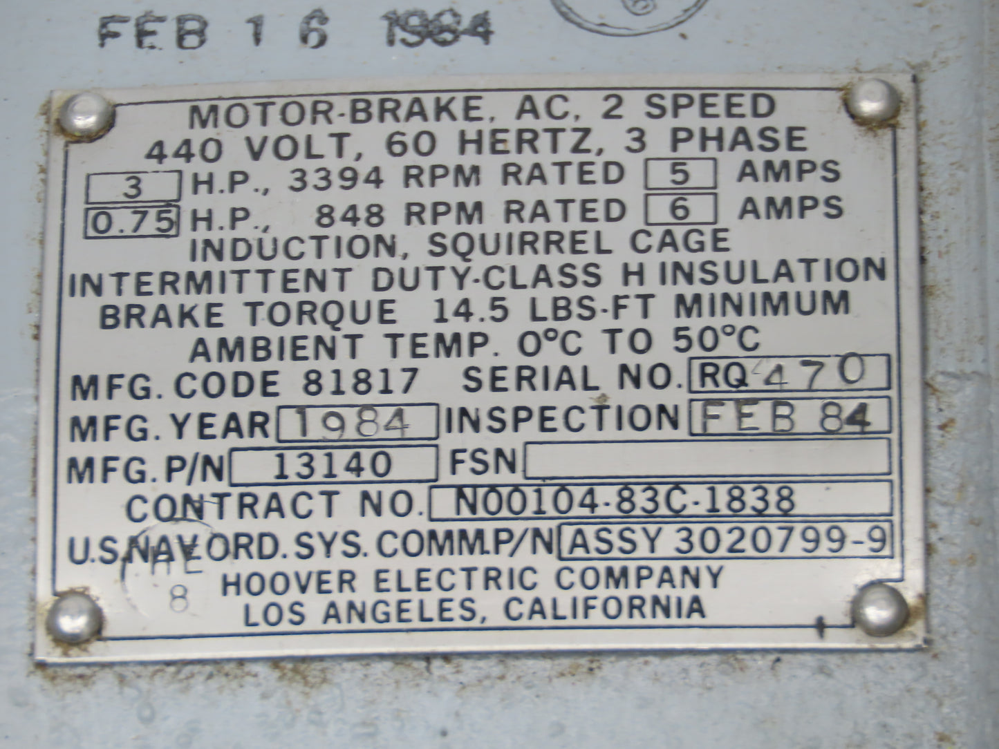 Hoover Electric 13140 Motor Brake 2-Speed 3Hp 3394 RPM 460V 3PH