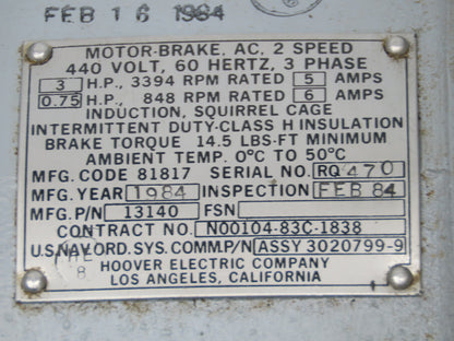 Hoover Electric 13140 Motor Brake 2-Speed 3Hp 3394 RPM 460V 3PH