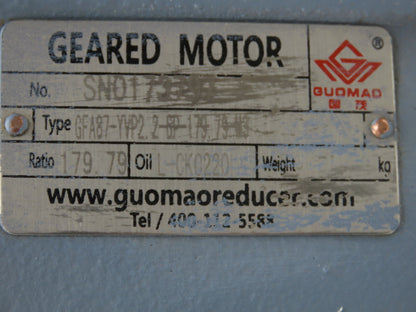Guomao GFA87-YVP2.2-6P-179.79-M3 Gear Motor 10rpm 2.2kw 480V 3PH Hollow Shaft