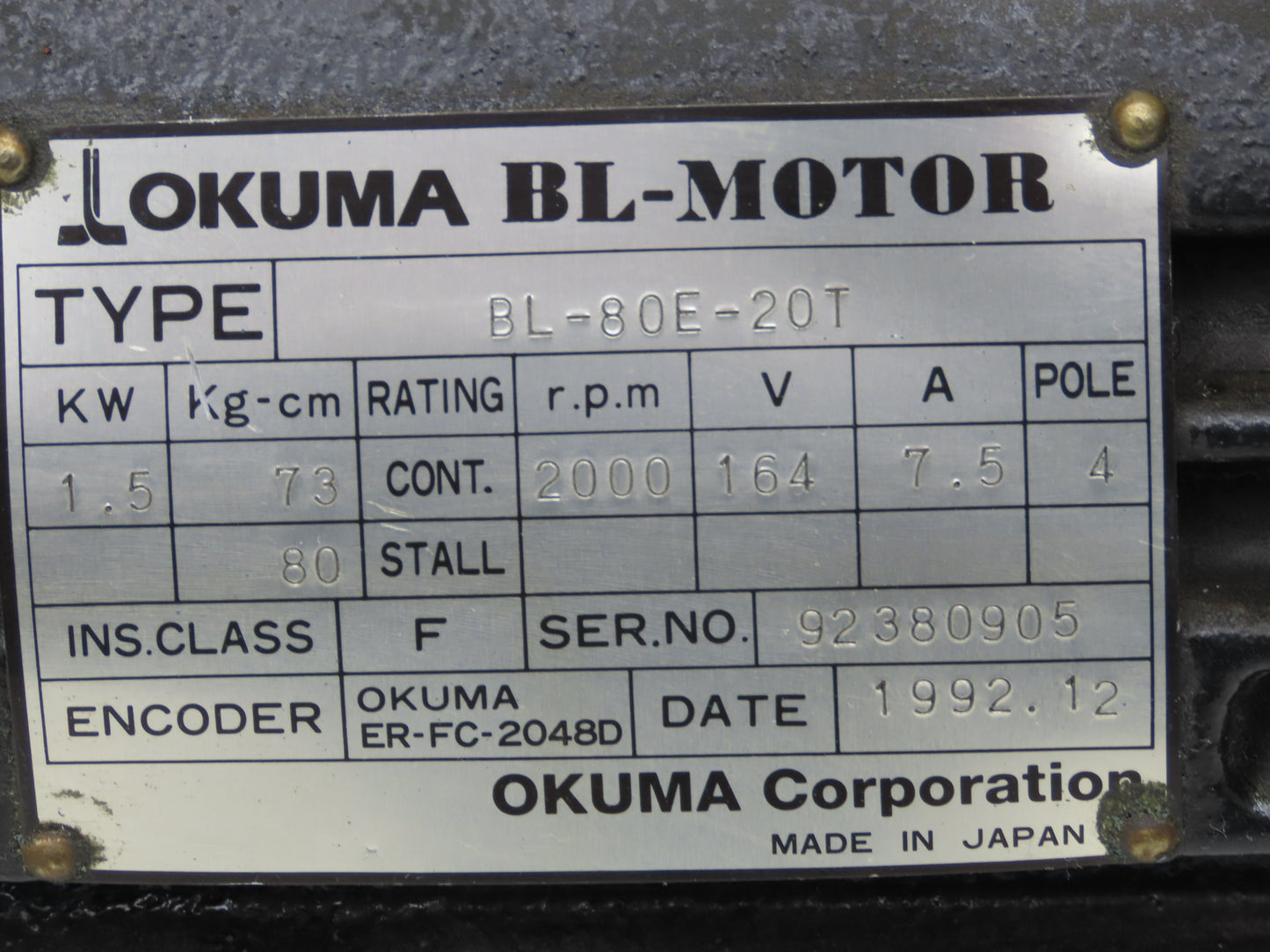 Okuma BL-80E-20T AC Servo Motor 1.5 Kw 2000 Rpm 164VAC W/ Encoder ER-FC-2048D