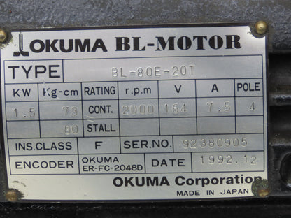 Okuma BL-80E-20T AC Servo Motor 1.5 Kw 2000 Rpm 164VAC W/ Encoder ER-FC-2048D