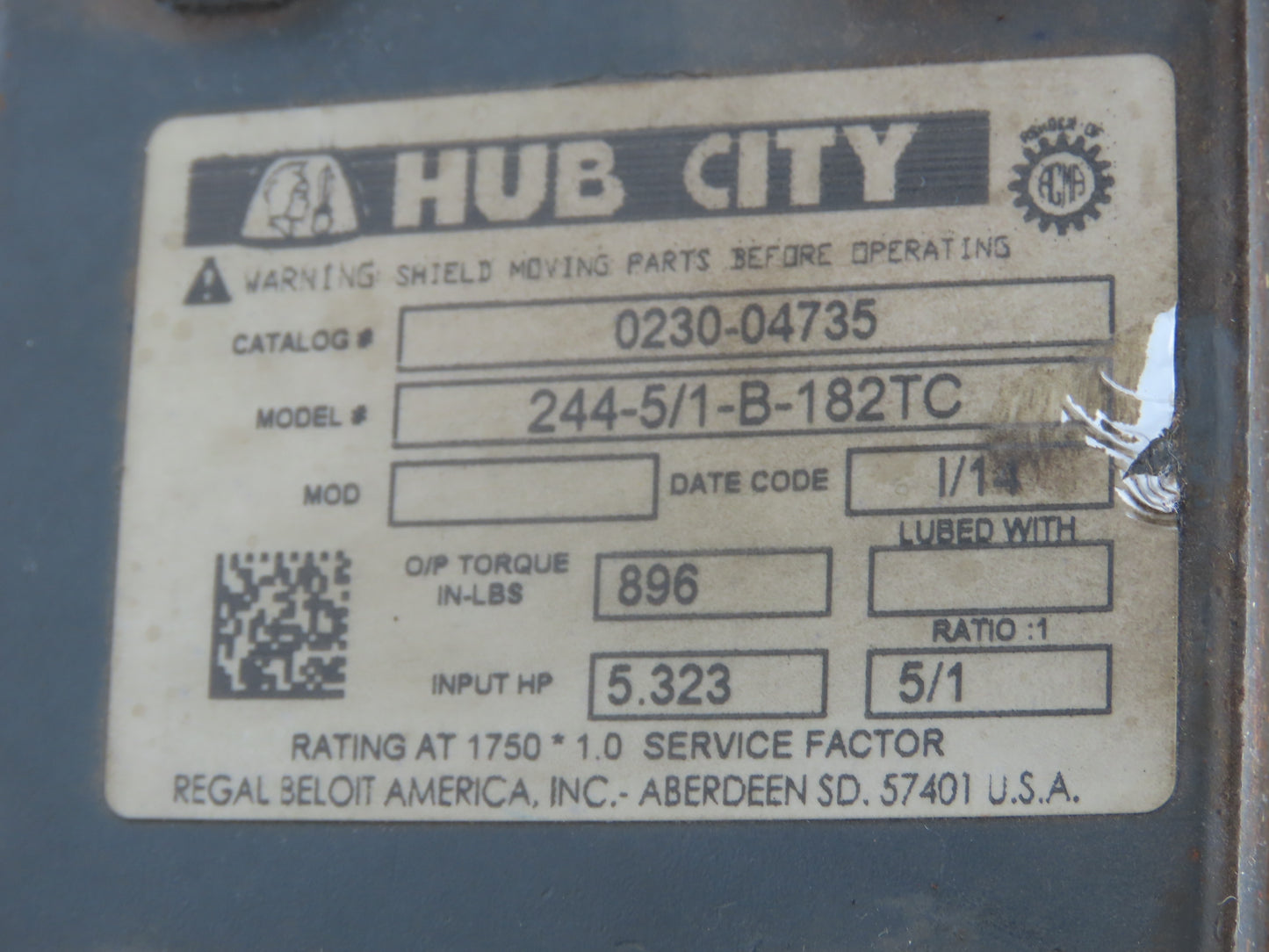 Hub City 0230-04735 Worm Gearbox 5:1 Reducer 350rpm LH 182TC