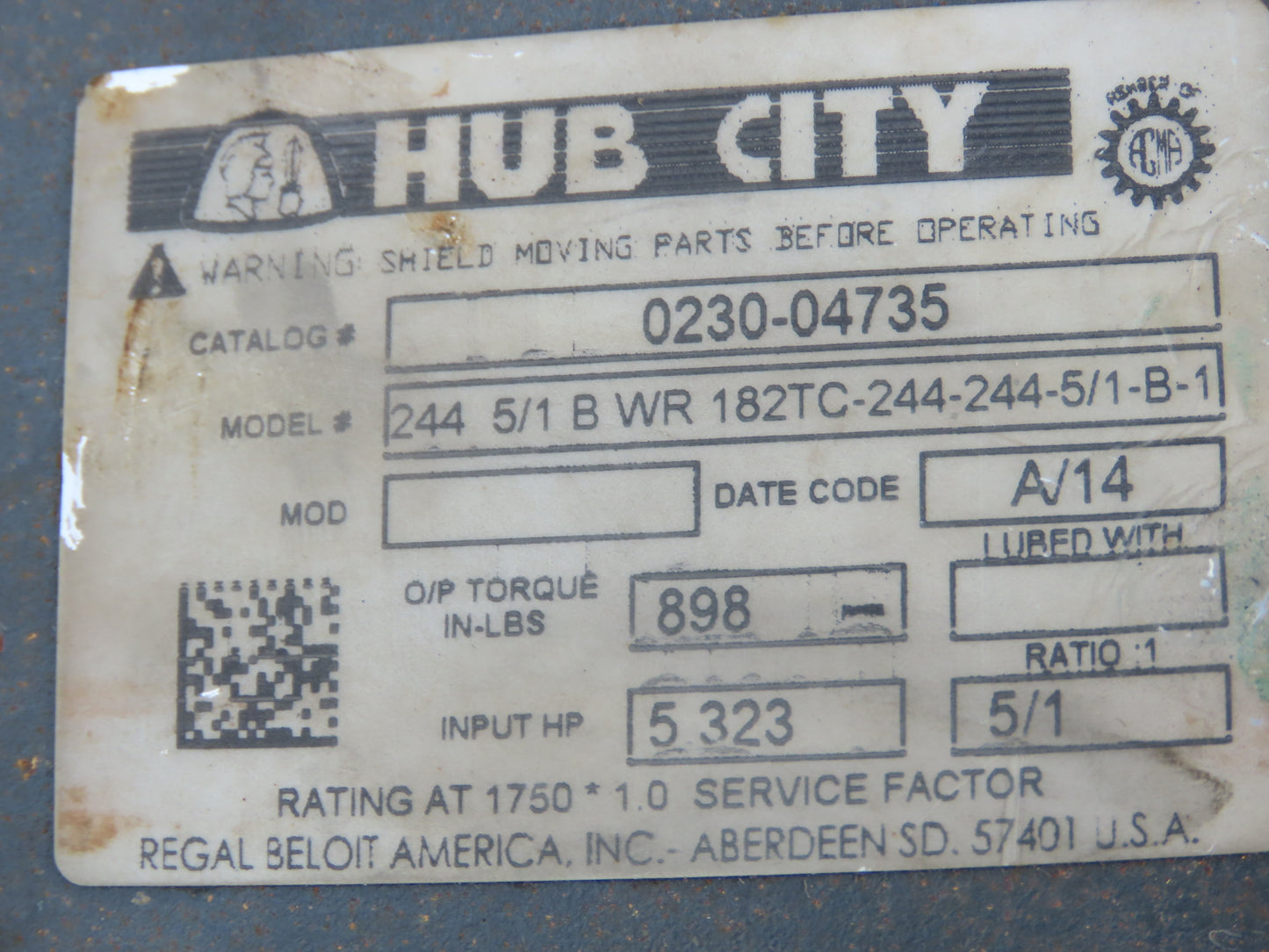 Hub City 0230-04735 Worm Gearbox 5:1 Reducer 350rpm LH 182TC