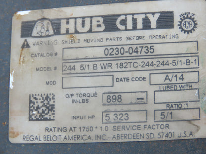 Hub City 0230-04735 Worm Gearbox 5:1 Reducer 350rpm LH 182TC