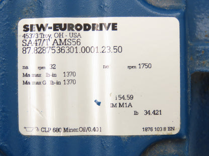 Sew Eurodrive SA47/T AMS56 Helical Inline Gear Drive 54.5:1 Reducer Hollow Shaft