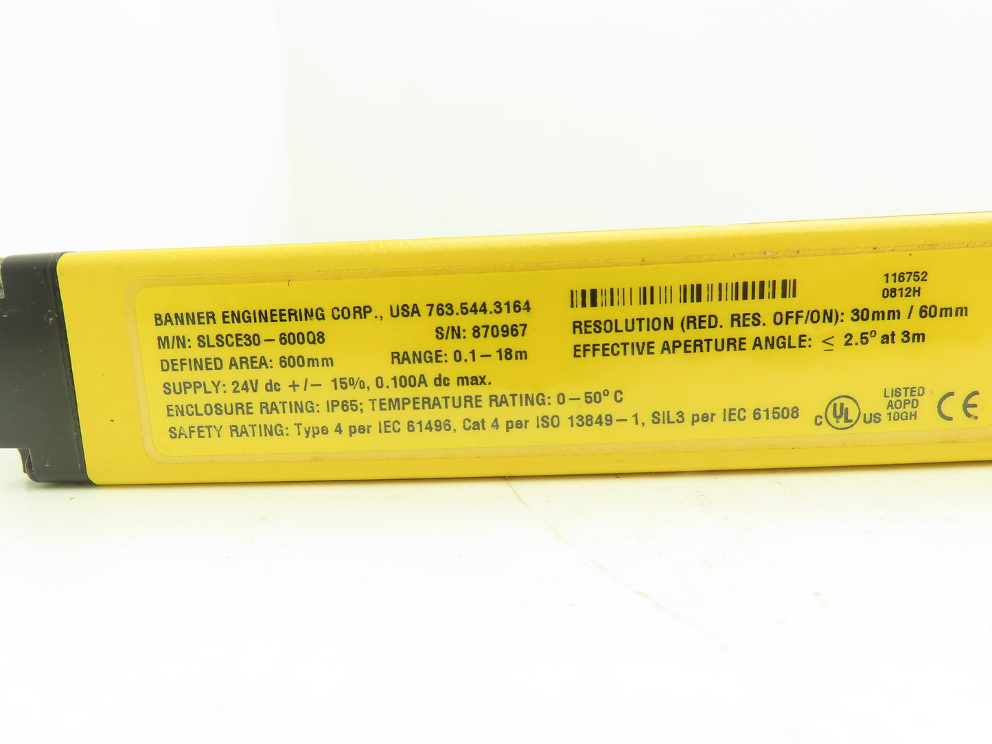 Banner SLSCE30-600Q8 EZ-Screen Safety Light Curtain Emitter 600mm 24VDC