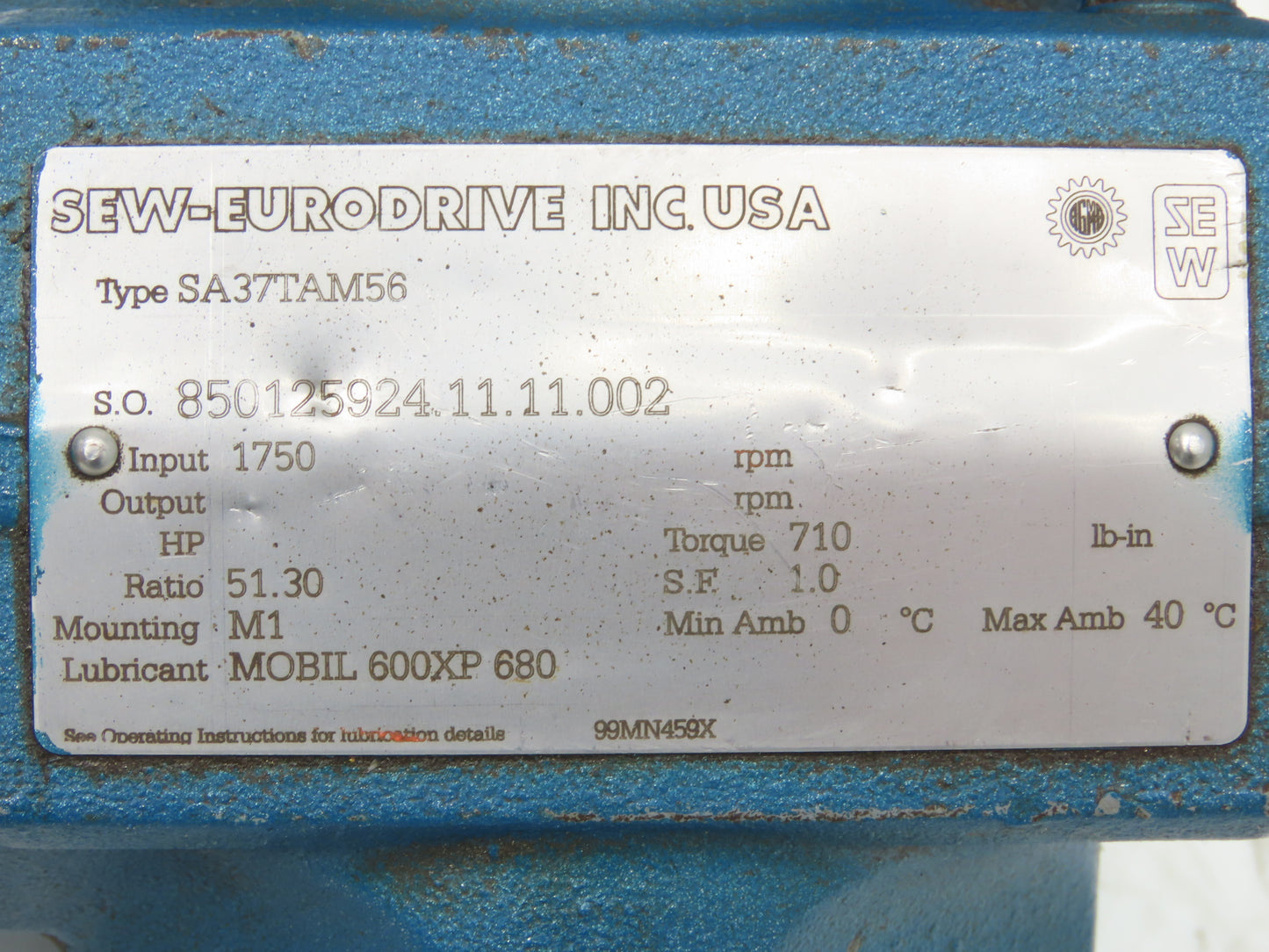 Sew Eurodrive SA37TAM56 Helical Inline Gear Drive 51:1 Reducer Hollow Shaft 56C
