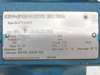 Sew Eurodrive SA37TAM56 Helical Inline Gear Drive 51:1 Reducer Hollow Shaft 56C