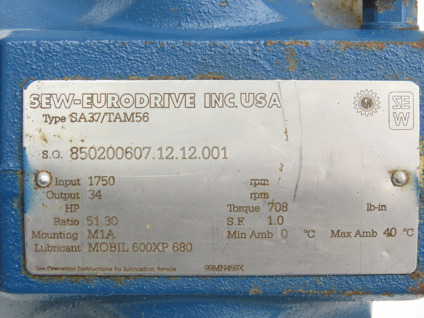 Sew Eurodrive SA37/TAM56 Helical Inline Gear Drive 51:1 Reducer Hollow Shaft 56C