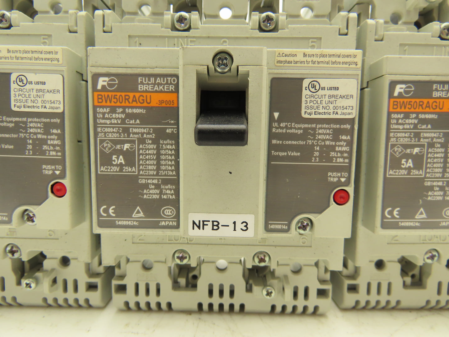 Fuji Electric BW50RAGU-3P005 3-Pole Auto Circuit Breaker 5A 500V 3Ph Lot of 5