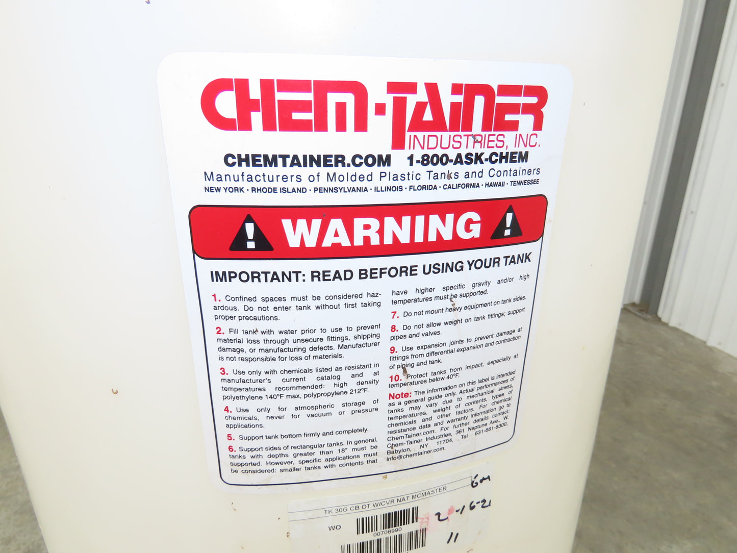 Chem Tainer TC1829CA-MCM Poly Plastic Chemical Tank 30 Gallon Lid Metal Stand