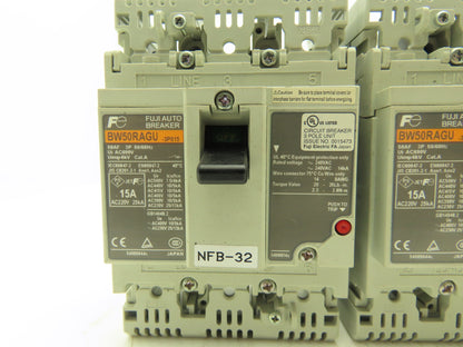 Fuji BW50RAGU3P015 3-Pole Auto Circuit Breaker 15A 500V 3Ph Molded Case Lot of 5