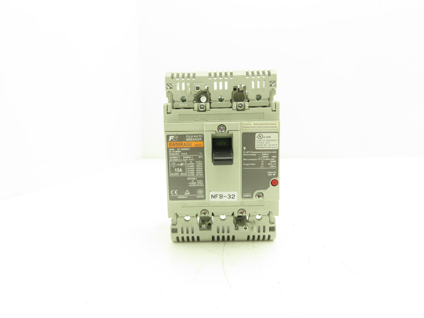 Fuji BW50RAGU3P015 3-Pole Auto Circuit Breaker 15A 500V 3Ph Molded Case Lot of 5
