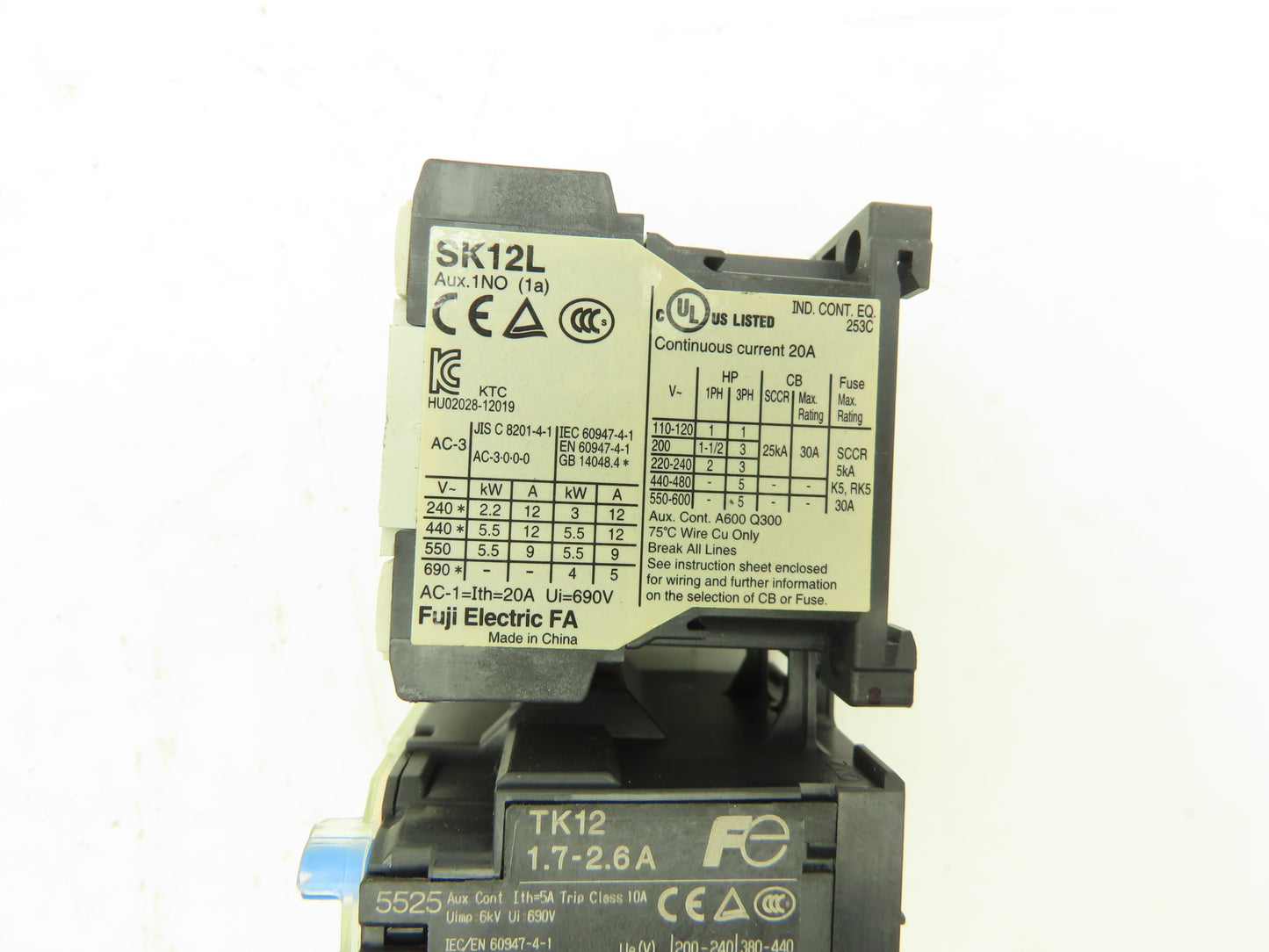 Fuji SK12L Motor Starter Contactor 5.5kW 600V TK12W & Thermal Overload 1.7-2.6A