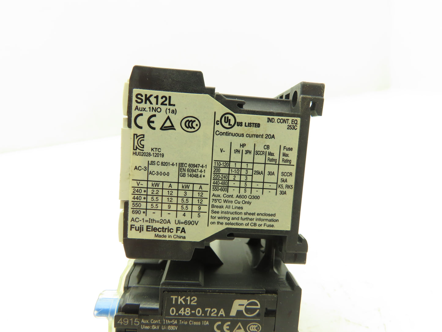 Fuji SK12L Motor Starter Contactor 5.5kW 600V TK12W & Thermal Overload .48-0.72A