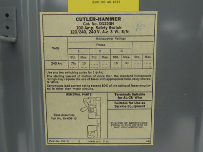 Cutler Hammer DG223N  Fusible Safety Disconnect Switch 100A 120/240VAC 2 Pole