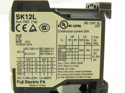 Fuji SK12L Motor Starter Contactor 5.5kW 600V TK12W & Thermal Overload 0.8-1.2A