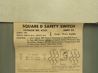 Square D H363 Fusible Safety Disconnect Switch 100A 480/600 VAC Ser D2