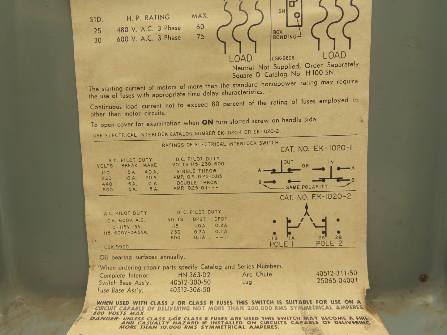 Square D H363 Fusible Safety Disconnect Switch 100A 480/600 VAC Ser D2