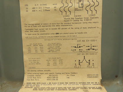 Square D H363 Fusible Safety Disconnect Switch 100A 480/600 VAC Ser D2