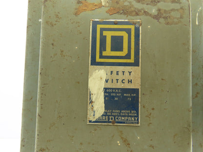 Square D H363 Fusible Safety Disconnect Switch 100A 480/600 VAC Ser D2