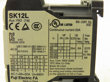 Fuji SK12L Motor Starter Contactor 5.5kW 600V TK12W & Thermal Overload 5-7.5A