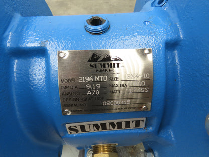 Summit 2196 MTO Centrifugal Pump 3x4x10" SS Impeller 600GPM 380'H 15Hp 3PH Motor
