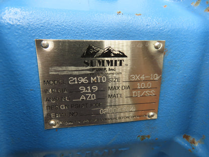 Summit 2196 MTO Centrifugal Pump 3x4x10" SS Impeller 600GPM 380'H 15Hp 3PH Motor
