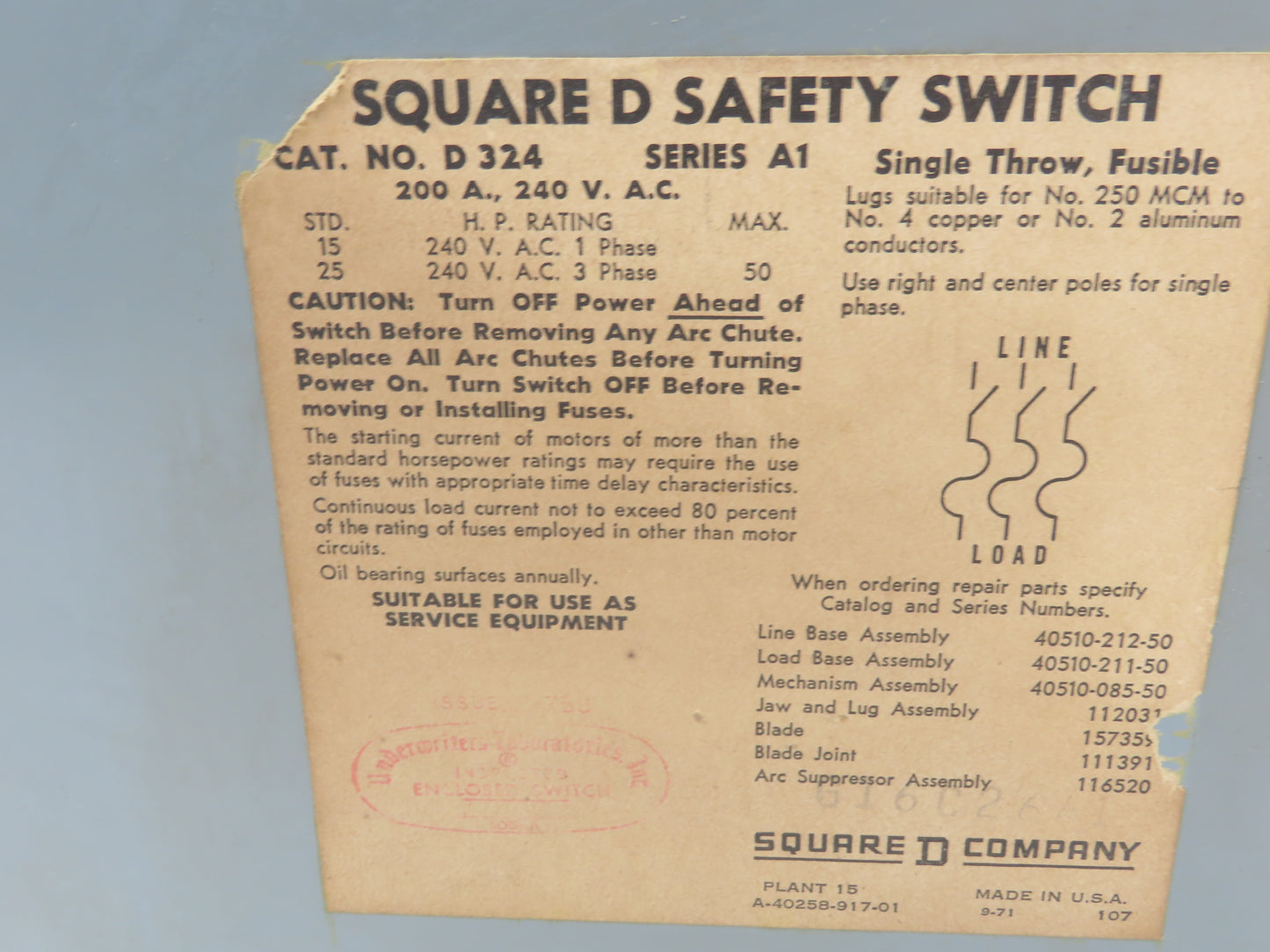 Square D D324 200A Fusible Safety Disconnect Switch Single Throw 240V 3 Pole