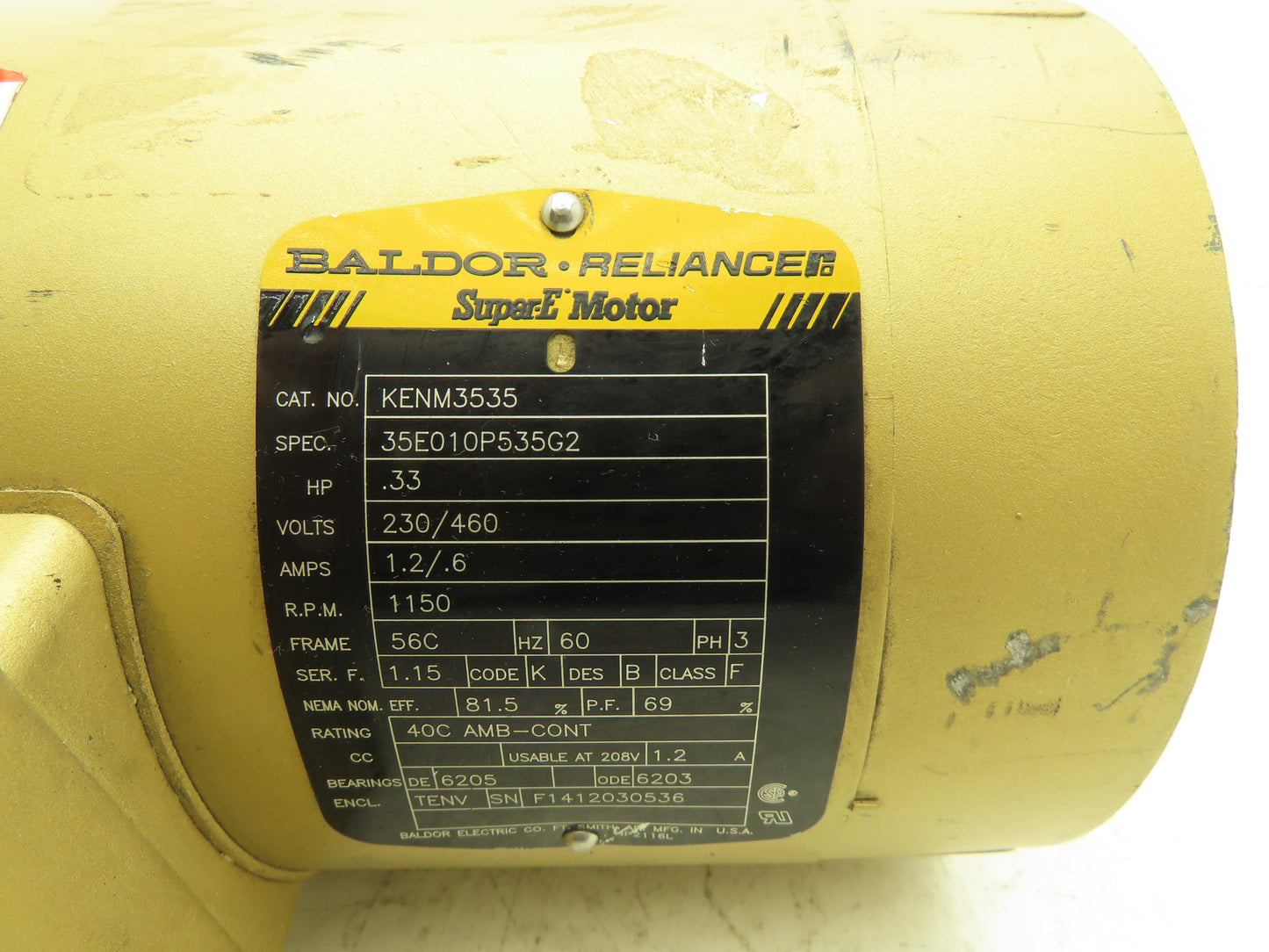 Baldor Reliance KENM3535 Super-E AC Motor .33Hp 1150 RPM 230/460V 3PH 56C-Face