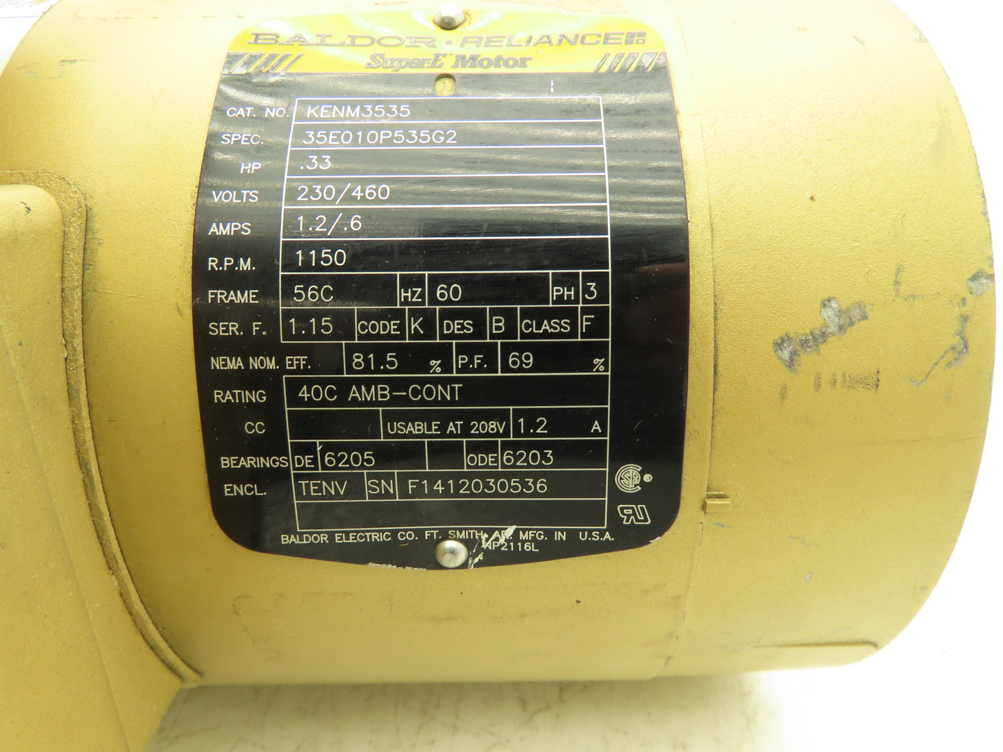 Baldor Reliance KENM3535 Super-E AC Motor .33Hp 1150 RPM 230/460V 3PH 56C-Face