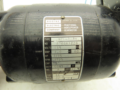 Bodine NCI-34RH Gearmotor 1/15Hp 115V 1PH 29 RPM 60:1 Reducer Foot Mount