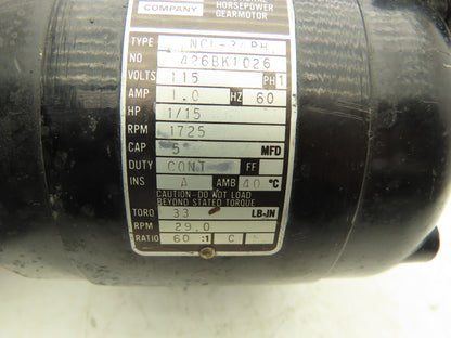 Bodine NCI-34RH Gearmotor 1/15Hp 115V 1PH 29 RPM 60:1 Reducer Foot Mount